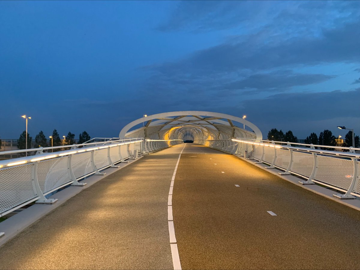 rotterdam's tweet photo. De ‘Netkous’ krijgt nieuwe ledverlichting.💡Een bijzondere klus, want de verlichting van de fiets- en wandelbrug over de A15 zit verwerkt in de leuning en bestaat uit 875 armaturen.
De brug blijft de komende weken gewoon begaanbaar.
Lees meer: https://t.co/DCZWYaNqLW https://t.co/9ekKa6tT3a