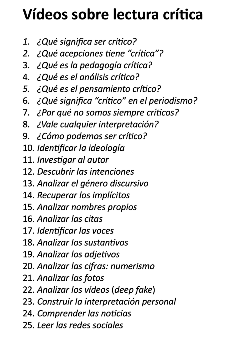 Aquí está el índice de mi próxima serie de vídeos sobre lectura crítica. Ayúdame: ¿falta algo?, ¿qué echas de menos? ¿qué le añadirías? ¡Gracias! #lecturacritica #critica #comprender #alfabetizacion