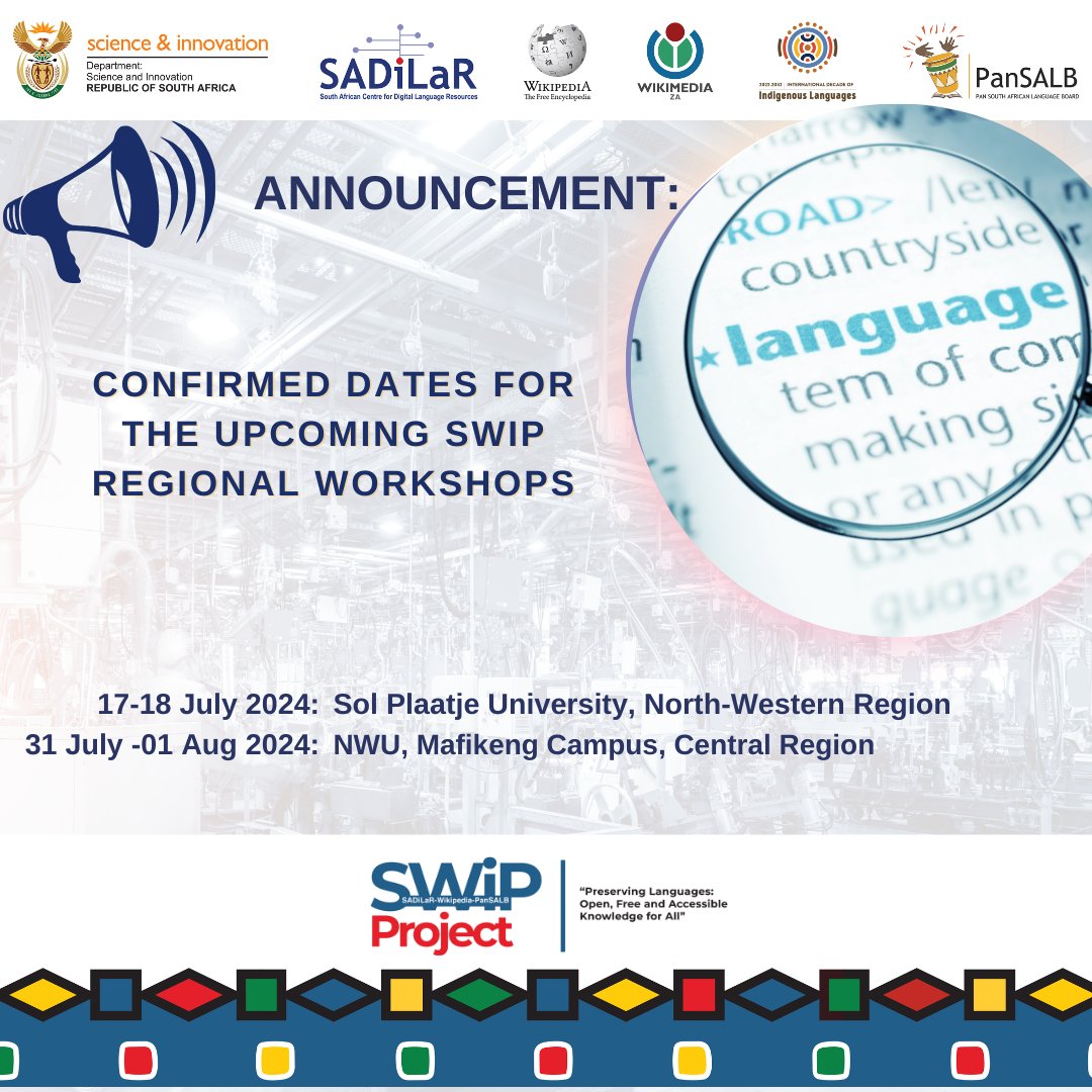 SADiLaR_ZA's tweet image. The SWiP project team is excited to confirm upcoming Wikipedia Authorship training workshops at Sol Plaatje University and NWU - North-West University.

#Wikipedia #Wikimedia #Pansalb #digitalhumaties