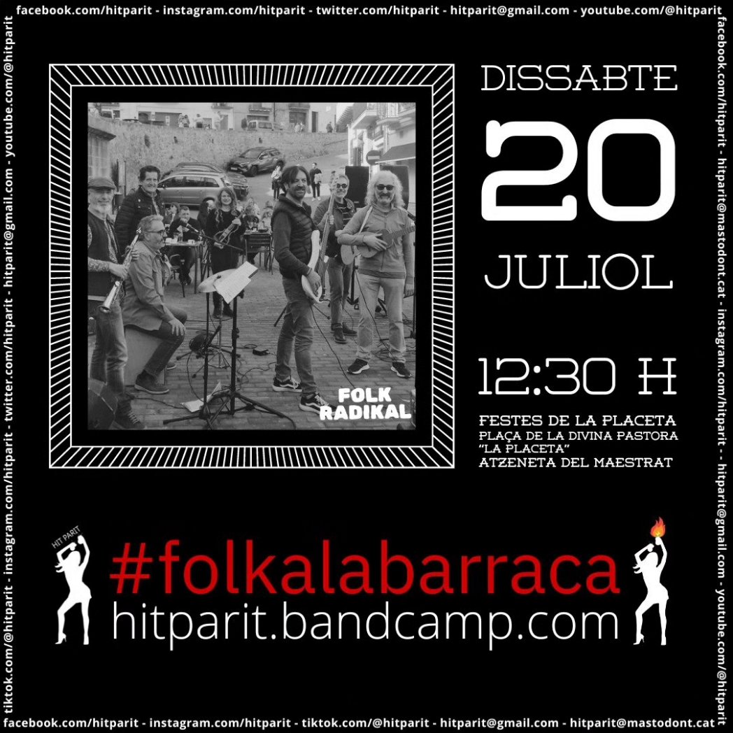 HitParit's tweet photo. El dissabte 20 de juliol actuarem a les Festes de la Placeta, a Atzeneta del Maestrat.
Estarem encantats de vore-vos per allí cap a les 12:30 h i fer-vos ballar unes jotes, seguidilles o fandangos. Us esperem! 💃
#hitparit
#folkalabarraca
#folkradical
#bureocabaret https://t.co/1qsQV3nGZE