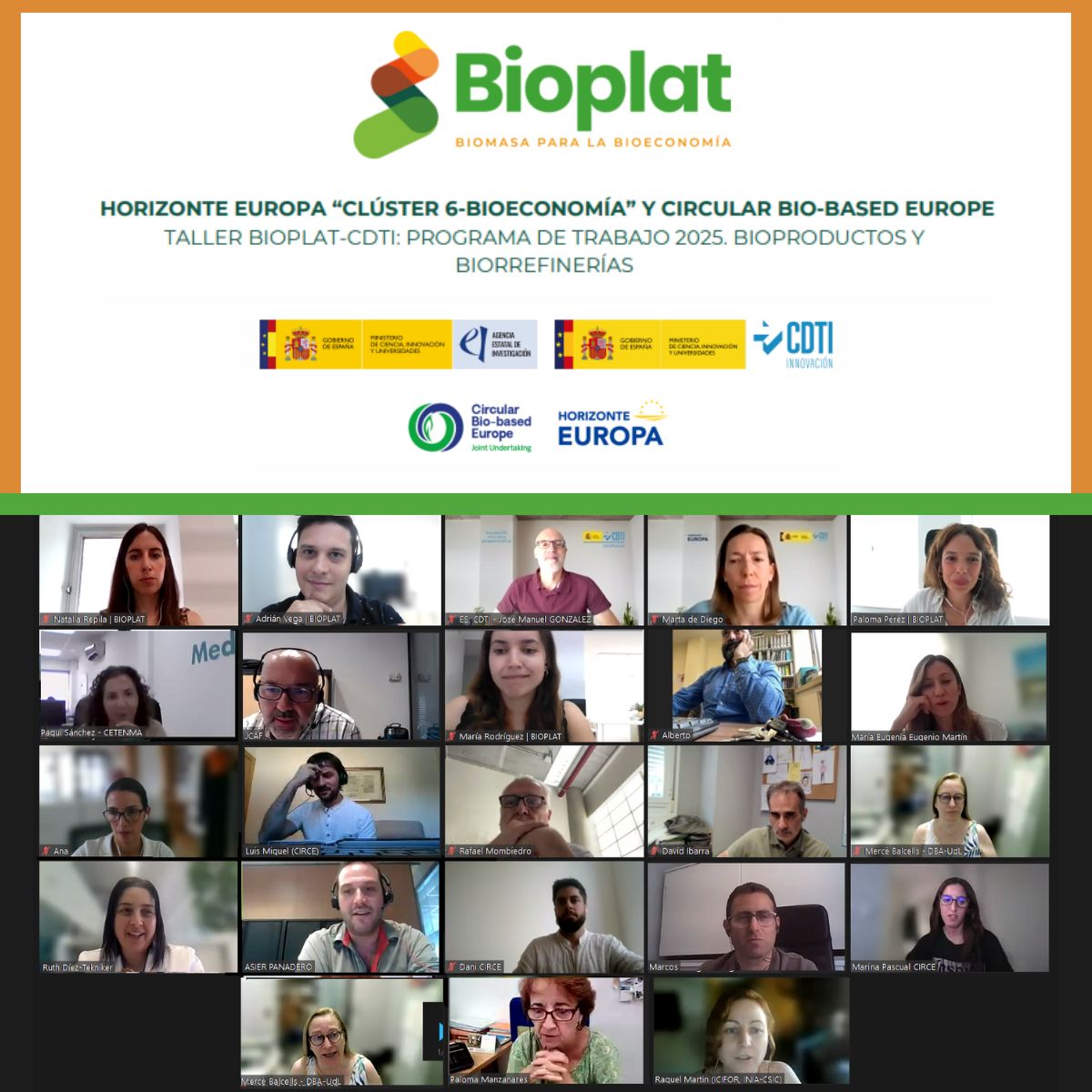 El pasado viernes los miembros de BIOPLAT han tenido la oportunidad de comentar y compartir sus prioridades de I+D respecto al Programa de Trabajo de 2025 del Clúster 6 de #HorizonteEurope y
<a href="/CBE_JU/">Circular Bio-based Europe Joint Undertaking</a> en el área de #bioproductos y biorrefinerías.
<a href="/CDTI_innovacion/">@CDTI_innovacion</a>