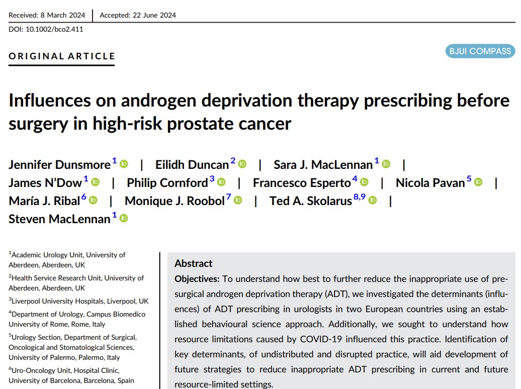 Jennifer Dunsmore (@jdunsmore64) on Twitter photo Multiple influences drive pre-surgical ADT use in high-risk P.Can. Check out the behavioural analysis here: tinyurl.com/37ushr2x
This is also the 2nd paper of my PhD! Big thanks to co-authors & supervisors <a href="/5tevenMacLennan/">Steven MacLennan</a> <a href="/SajMacLennan/">Professor Sara MacLennan</a> @EilidhMDuncan <a href="/NDowJames/">James N'Dow</a> <a href="/AberdeenAuu/">AUU_Aberdeen</a> Multiple influences drive pre-surgical ADT use in high-risk P.Can. Check out the behavioural analysis here: tinyurl.com/37ushr2x
This is also the 2nd paper of my PhD! Big thanks to co-authors & supervisors <a href="/5tevenMacLennan/">Steven MacLennan</a> <a href="/SajMacLennan/">Professor Sara MacLennan</a> @EilidhMDuncan <a href="/NDowJames/">James N'Dow</a> <a href="/AberdeenAuu/">AUU_Aberdeen</a>