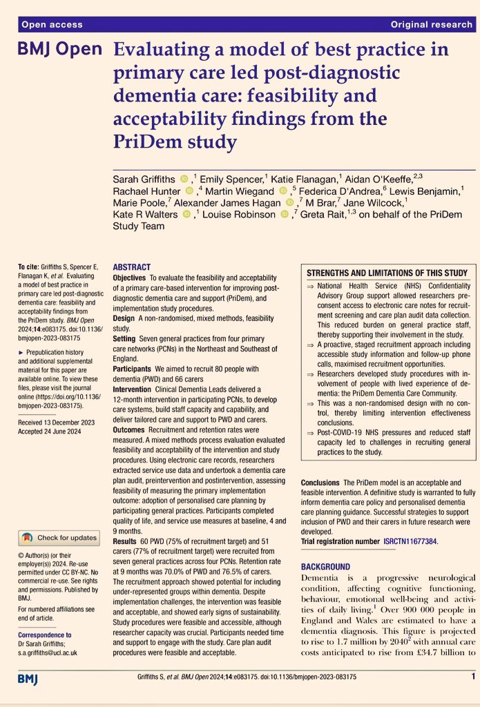 Dr Sarah Griffiths (@sgriffiths_6) on Twitter photo โญ๏ธ Another <a href="/PriDemProject/">PriDem: tailored, local, timely dementia support</a> paper in <a href="/BMJ_Open/">BMJ_Open</a> โญ๏ธ
Intervention to improve dementia support was feasible and acceptable, as were our evaluation methods.
Inclusion of people with dementia in research - accessibility and relationship building are key.
๐bmjopen.bmj.com/content/14/7/eโฆ โญ๏ธ Another <a href="/PriDemProject/">PriDem: tailored, local, timely dementia support</a> paper in <a href="/BMJ_Open/">BMJ_Open</a> โญ๏ธ
Intervention to improve dementia support was feasible and acceptable, as were our evaluation methods.
Inclusion of people with dementia in research - accessibility and relationship building are key.
๐bmjopen.bmj.com/content/14/7/eโฆ