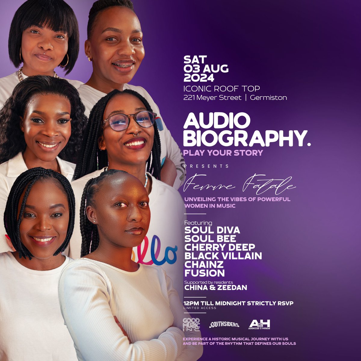 PlayYourStory_'s tweet photo. Come and enjoy this memorable experience at Audio Biography. 
@Fusi_on_ 
@Cherry_Deep 
@DjSoulBeeSA 
@SoulDiva_DJ 
@blackvillain_sa 
@ChainzSb2_0 
🗓️: 03 August 2024
📍: Iconic Rooftop Club
No tickets sold, STRICTLY RSVP‼️
Link in bio🖇️

#Audiobiography https://t.co/fBCD3AwQss