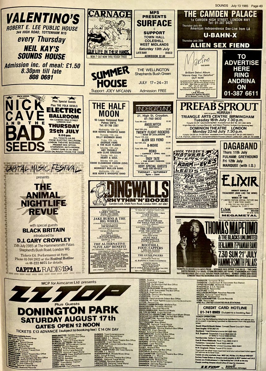 Love this post each issue, so once again, I look forward to catching #JohnVerity at the Marquee, #Shriekback at Leeds Warehouse, then to the Alternative Live Aid Benefit at Dingwalls &amp; <a href="/Prefabsprout/">Prefab Sprout</a> &amp; #Hurrah at the Triangle Arts Centre in Birmingham.

Sounds Jul 13th 1985
