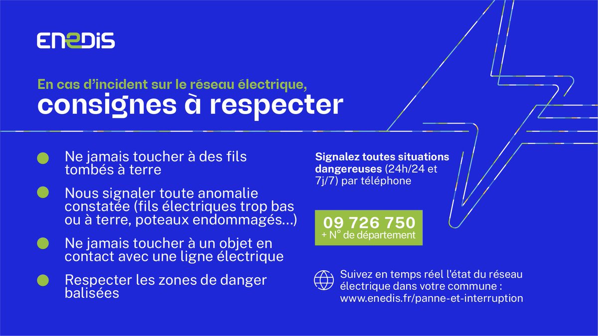 🟠Des #orages sont attendus dans l’après-midi, avec une alerte orange dans plusieurs départements dont la #Loire, le #Rhône et l'#Ain.
<a href="/enedis/">Enedis</a> vous rappelle les consignes à suivre en cas d’incident sur le réseau électrique ⛈️