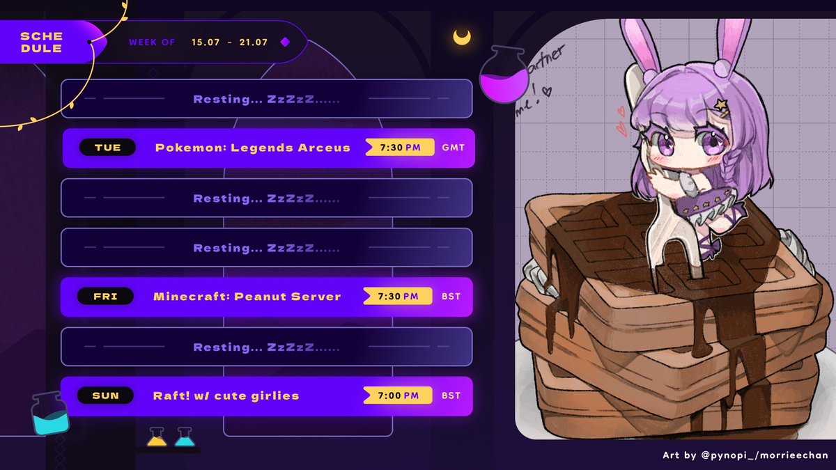 Mejisooki's tweet photo. {Weekly Schedule}
> 15th July to 21st July <
Pokemon, Minecraft and Raft! What more could you want!!
Come join me on Tues, Fri and Sun for some fun and chill times!
#mejisscheudle #meji_art #vtuber https://t.co/A3n6WmB8gk