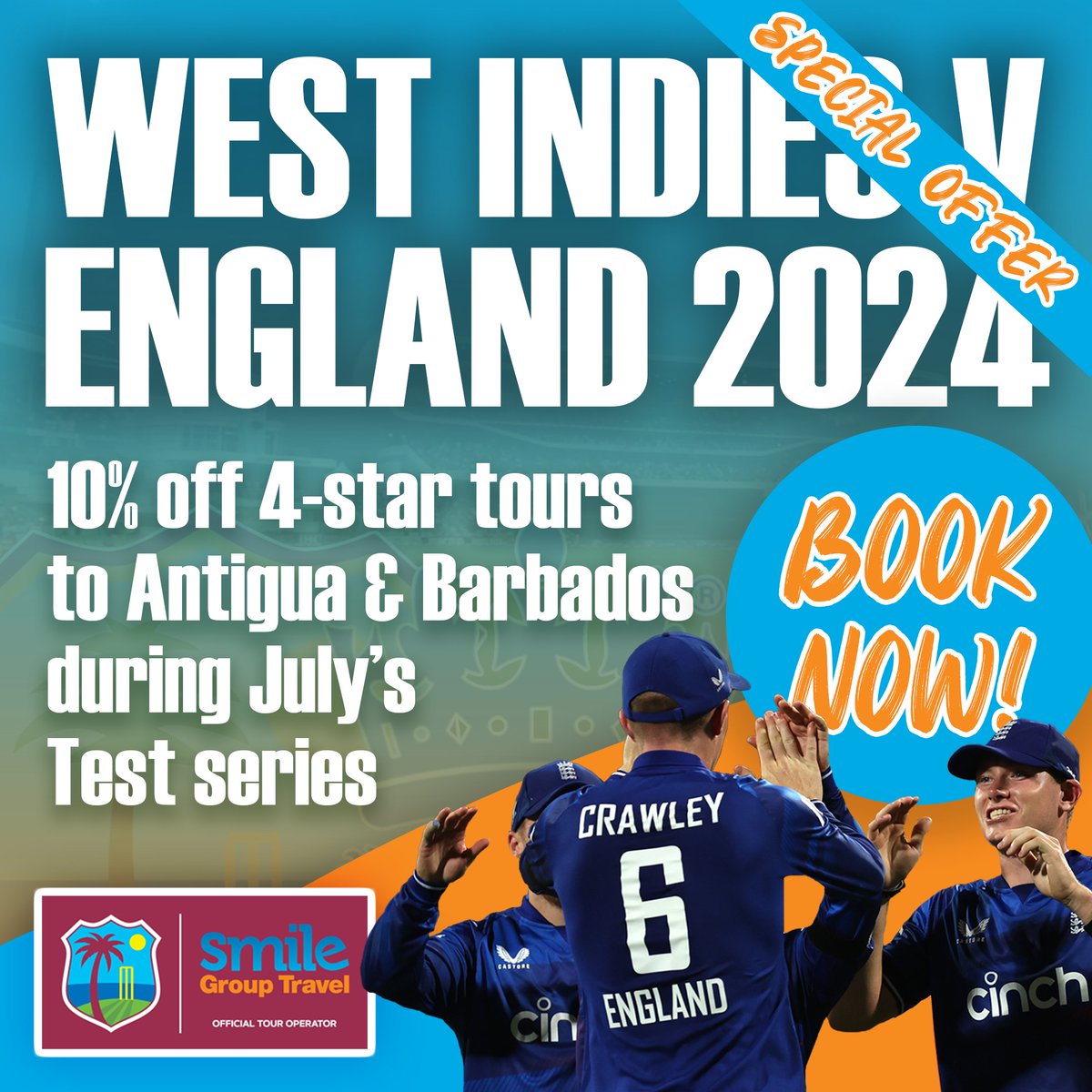 Have you taken advantage of our special offer yet?

Get 10% off all four-star England-Windies supporters tours during July's Test series.

Drop us a message today to start talking about your next cricket adventure!

#WINvENG