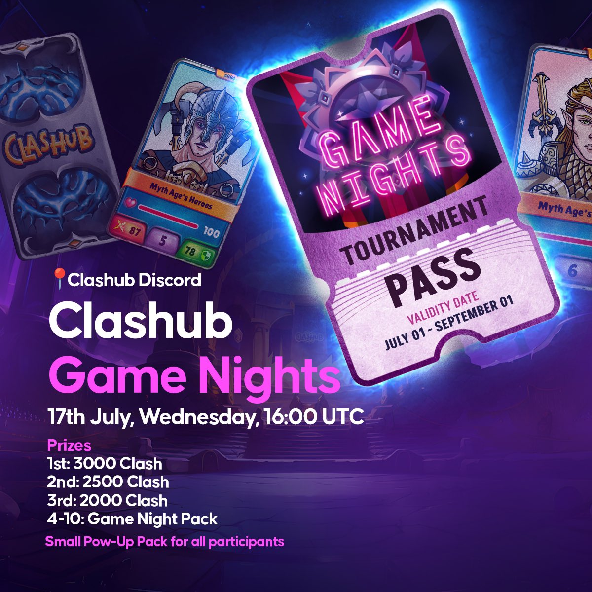 ⚔️Hello Clashers!⚔️

We are excited to announce our Game Night event on Wednesday, July 17th, at 16:00 UTC.

Join us for an evening of fun and games, with surprise gifts awaiting you!
Date: Wednesday, July 17th Time: 16:00 UTC Event Location: Clashub Discord

Don’t miss out! Be