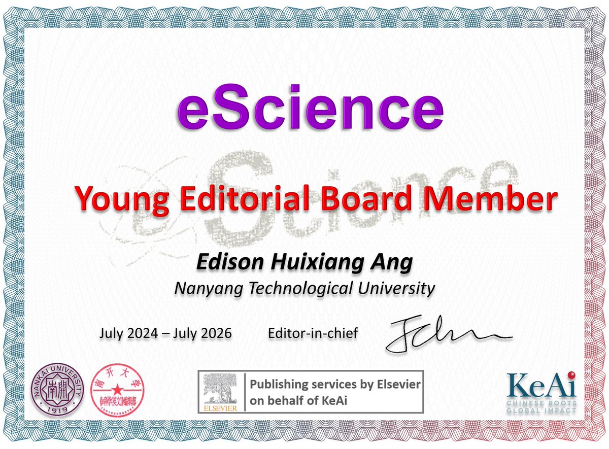 edisonangsg's tweet photo. 🌟 I am honoured to share that I have been awarded a position on the Young Editorial Board of eScience (IF=42.9) at Elsevier-KeAi! 🎉

Submit relevant work here:

>>>https://t.co/IIi5Dzh2h3

#Science #Research #Innovation #Sustainability #Energy #Electrochemistry #eScience https://t.co/XnuZ2ZCGX1