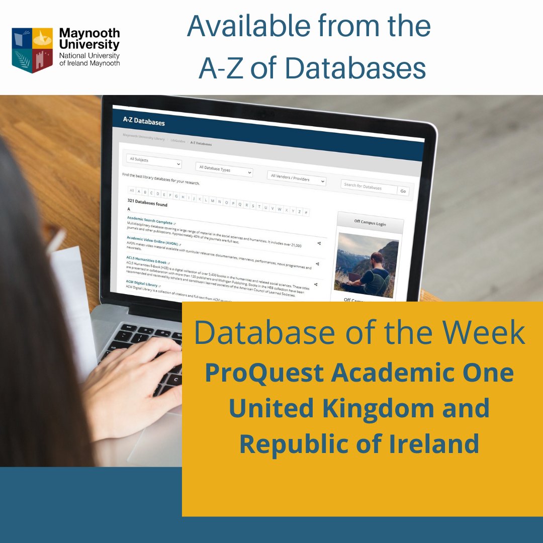 library_MU's tweet photo. #MuLibraryDatabaseOfTheWeek
Proquest Academic One United Kingdom and Republic of Ireland
https://t.co/S1AxGDyAgK
Access to a large curated collection of ProQuest journals, ebooks, dissertations, news, video &amp; primary sources, all in one place. 
@MaynoothUni @StPatsMaynooth https://t.co/rc7dArd1pe