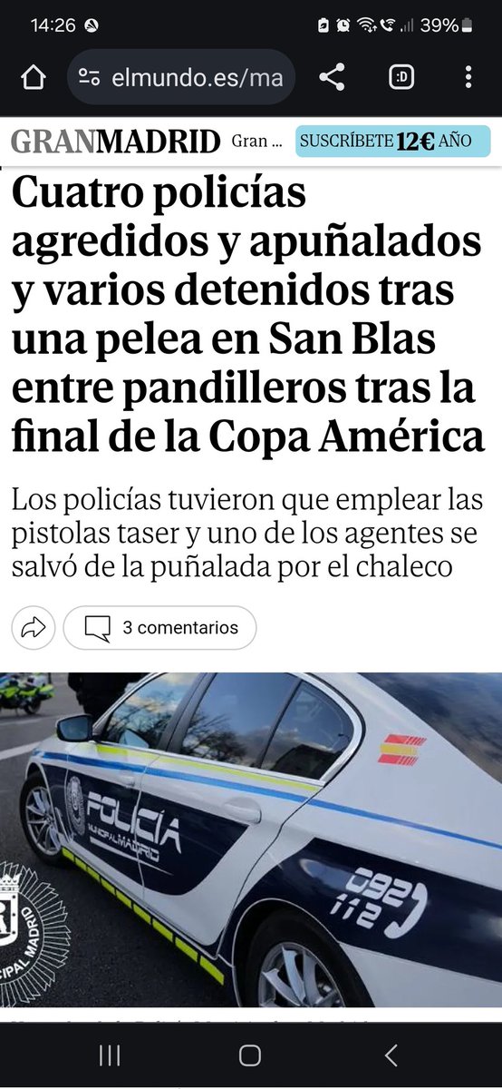 cppmmadrid's tweet photo. Deseamos una pronta recuperación a nuestros compañeros y que todo el peso de la ley caiga sobre los agresores. 
La escasez de plantilla de @policiademadrid hace cada vez mas peligroso nuestro trabajo, los distritos se quedan prácticamente sin efectivos en determinadas fechas. https://t.co/6rP5qTcON2