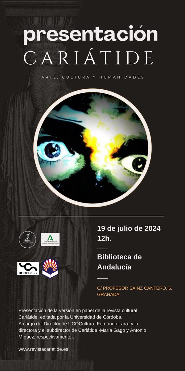 Este viernes acompañaremos a María Gago <a href="/mgagod/">María Gago</a> en la presentación de la Revista Cariátide <a href="/revcariatide/">Revista Cariátide</a> en su edición en papel

🗓️ 19/07/2024
⏰ 12h.
📍Biblioteca de Andalucía (Granada)
📖revistacariatide.es