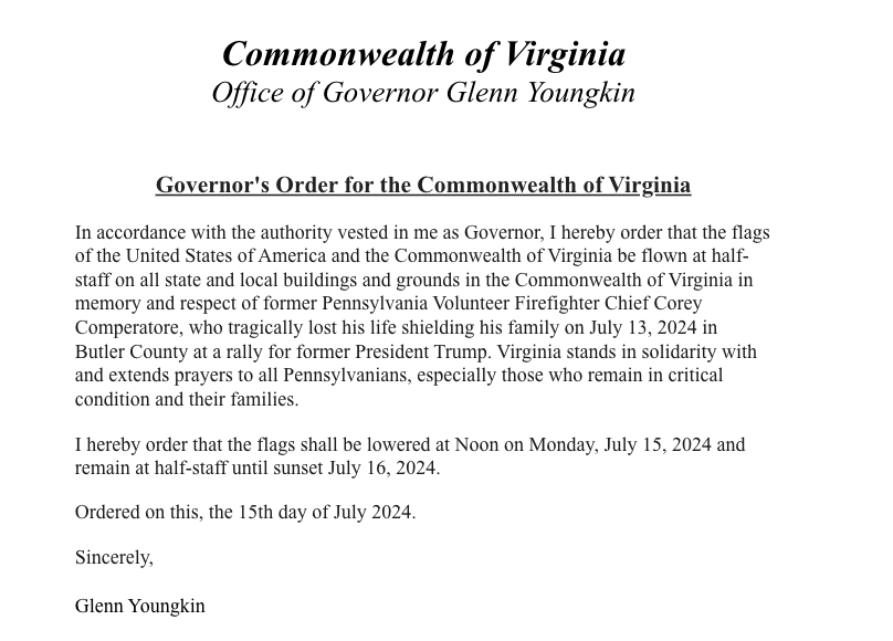 kyledcheney's tweet photo. Youngkin orders flags lowered today in memory of Corey Comperatore, who was killed by the shooter at Trump's rally. https://t.co/5oBjdQtW85