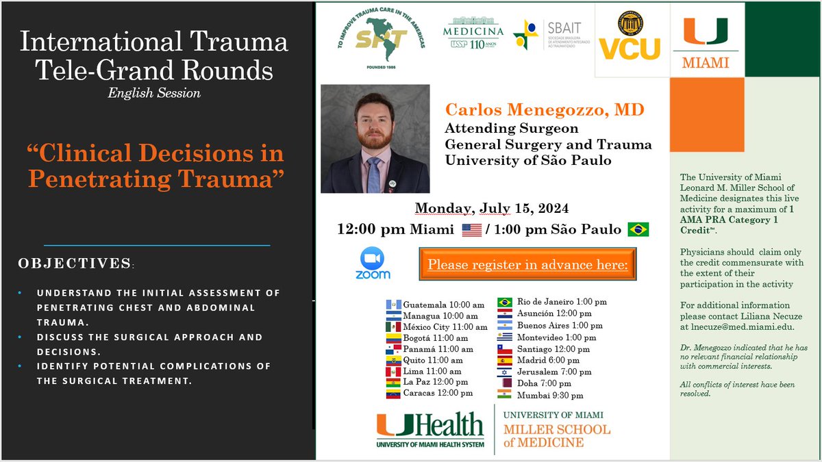Panamtrauma's tweet photo. The Panamerican Trauma Society invites you to attend the International Trauma Tele-Grand Rounds Join us for the upcoming session! “Clinical Decisions in Penetrating Trauma” Monday, Julio 15, 2024 at 12 pm ET (Miami) REGISTER IN ADVANCE: https://t.co/kaxQFCxRMD https://t.co/AtqRix5a5j