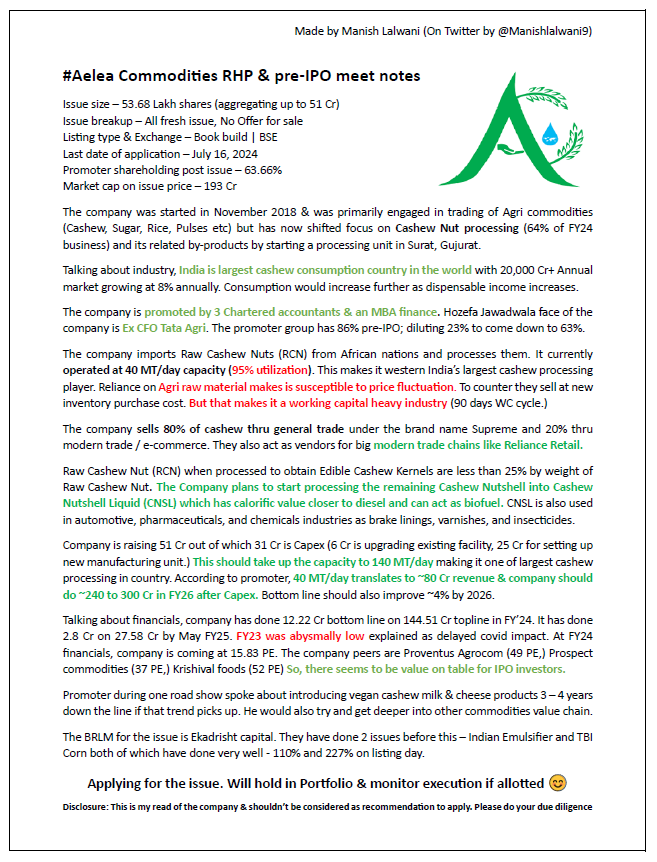manishlalwani9's tweet photo. Reviewing #SME IPO closing tomorrow - #Aelea
3x revenue visibility in growing sector
Promoter not traditional businessman but professional CA & ex-CFO, Tata Agri, wants to get deeper in the value chain
Capital can disrupt but founder pedigree, relationship & network MOAT https://t.co/oeJARPDpeH