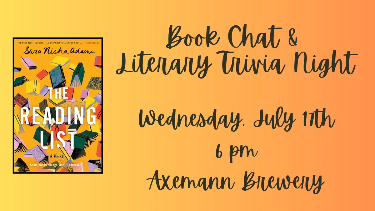 We hope to see you Wednesday night for our final event of the 2024 program year! Come and chat with us about THE READING LIST at 6, and then stay for literary trivia from 7-9. Please fill out this brief form if you plan on joining us! forms.gle/arrDAtZxnoZQT2…