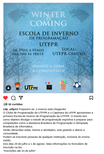 Emilias_UTFPR's tweet photo. O Clube de Programação da UTFPR e o Capimara da UFPR apresentam a primeira Escola de Inverno de Programação da UTFPR. https://t.co/kr6htrvJyB