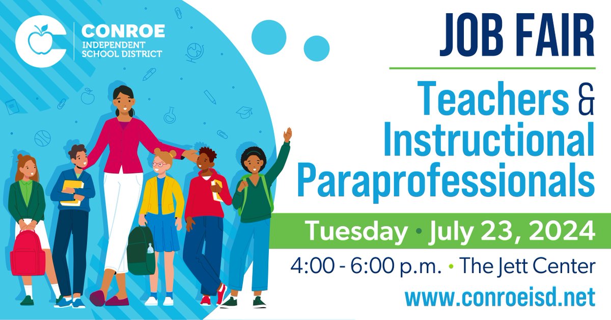 Conroe ISD will be hosting an in-person job fair to hire teachers, as well as special education and instructional paraprofessionals for the 2024-25 school year. Join us Tuesday, July 23, from 4-6 p.m. at the Jett Center. Register TODAY at bit.ly/CISD-JobFair!