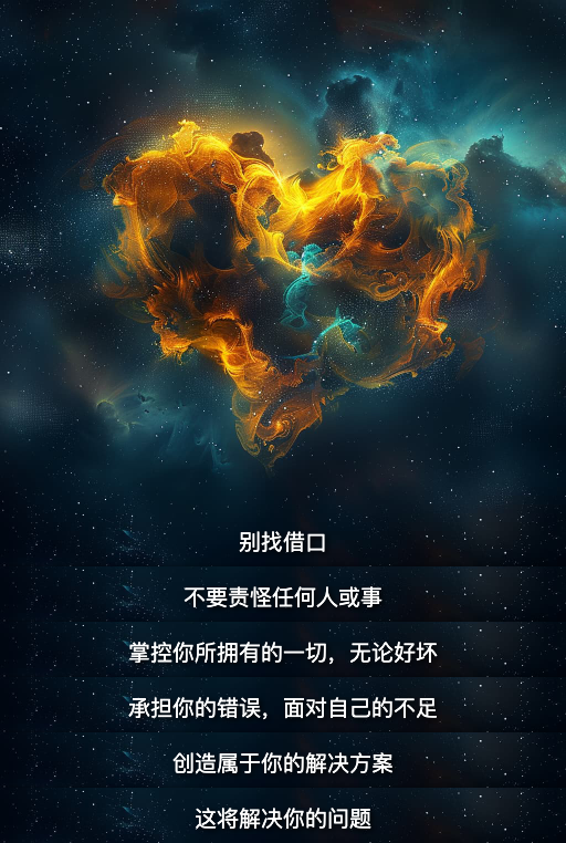 别找借口
不要责怪任何人或事
掌控你所拥有的一切，无论好坏
承担你的错误，面对自己的不足
创造属于你的解决方案
这将解决你的问题