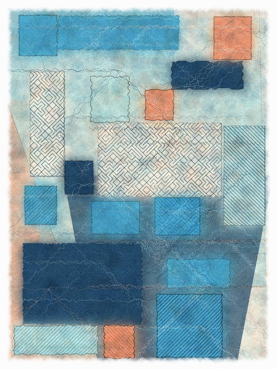 gm! ☀️

Inspired by Boro Quilts, a traditional Japanese art form dating to the 17th century. This artwork ties together various patches in rectangular forms with rough edges, along with the organic blending of watercolors.

Tessellate #9 on <a href="/FeralFile/">Feral File</a>