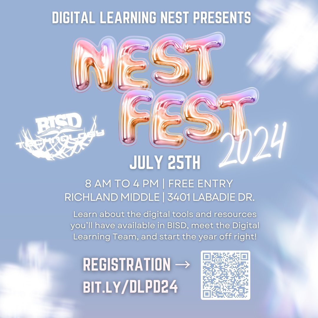 🎉 New to teaching or Birdville ISD? Join us at NestFest on July 25th at Richland Middle School! 🌟 Dive into essential digital tools like Canvas, GoGuardian, Canva, and more. ✨ #NestFest #birdvillelearns 
📅 July 25, 2024
📍 Richland Middle School
💻bit.ly/DLPD24