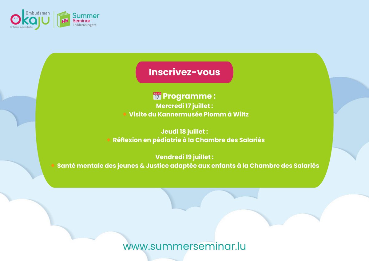 🎉 Il reste encore quelques places pour le #SummerSeminar Children’s Rights 2024 qui commence demain !🎉
Vous pouvez vous inscrire par demi-journée thématique jusqu'à demain 12h00 via ce lien: form.jotform.com/241713951957364

#ChildrensRights #DroitsDesEnfants #Summerseminar #Ombudsman