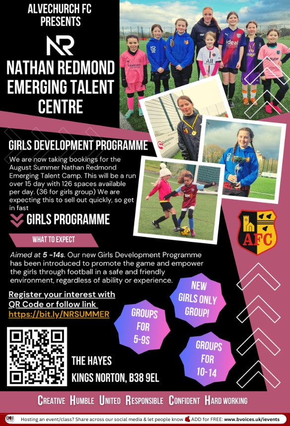 B31Voices's tweet photo. #SWBrumEVENTS βΒ Emerging Talent Centre β½οΈ
INFO/BOOK:Β https://t.co/W9OrMFBPFC
π
5th - 23rd Aug
π The Hays - #KingsNorton
βΉοΈ Limited spaces!
#SWBrumWELLBEING
#GirlsFootball
#SummerCamps
#Birmingham
#BirminghamUK
#B31Voices #BVoices https://t.co/BQ5meiKzOX