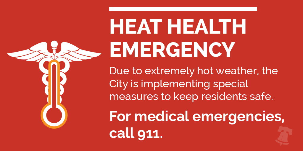 Due to extremely hot conditions, the Philadelphia Department of Public Health has issued a Heat Health Emergency beginning today, July 15, at 8:00 a.m. Please check on neighbors and loved ones, especially the elderly. For more information: ow.ly/f9l750Smi6p