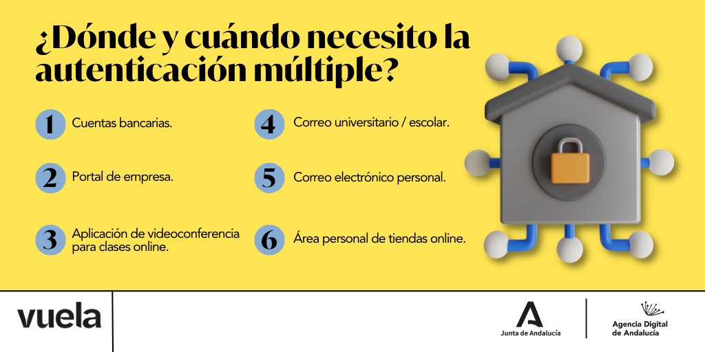 🔒📲 ¿Sabes dónde y cuándo necesitas aumentar la seguridad de tus dispositivos? En esta infografía te contamos cuándo es recomendable que actives la verificación múltiple para proteger tus cuentas al máximo.💼🛡️

#AndalucíaVuela #CiberseguridadAND