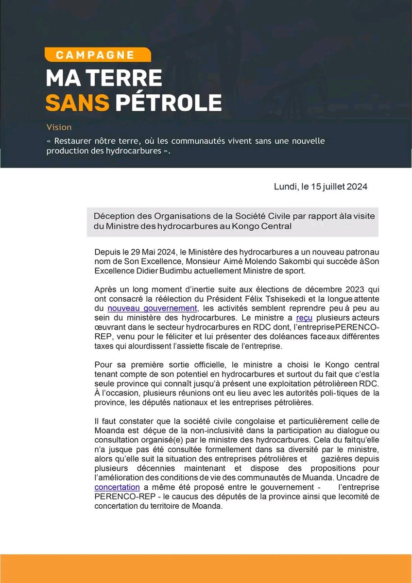 CorapRdcongo's tweet photo. Sous l'initiative "Ma terre sans pétrole", regroupant les organisations de la Société Civile Congolaise, nous exprimons notre inquiétude quant à la récente tournée du ministre des Hydrocarbures dans le Kongo Central. À Moanda, communautés vivants sous l'ombre des opérations pétrolières, nous avons observé une omission flagrante : leur voix n'a pas été sollicitée. 

Aux côtés de ces populations, les organisations  de la société civile dédiées à ces enjeux ont également été ignorées.

 "l'exploitation pétrolière dans la région de Moanda a des conséquences désastreuses pour les communautés locales et il est absolument choquant de constater que leur voix est ignorée lorsqu'il s'agit de prendre des décisions concernant l'avenir de leur propre terre"

Lien : https://t.co/6vzzCmetdN

#moanda #Perenco #hydrocarbures #molendosakombi