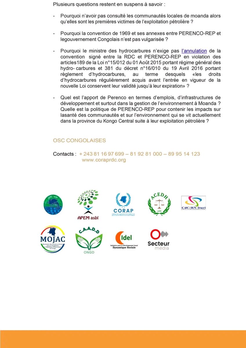 CorapRdcongo's tweet photo. Sous l'initiative "Ma terre sans pétrole", regroupant les organisations de la Société Civile Congolaise, nous exprimons notre inquiétude quant à la récente tournée du ministre des Hydrocarbures dans le Kongo Central. À Moanda, communautés vivants sous l'ombre des opérations pétrolières, nous avons observé une omission flagrante : leur voix n'a pas été sollicitée. 

Aux côtés de ces populations, les organisations  de la société civile dédiées à ces enjeux ont également été ignorées.

 "l'exploitation pétrolière dans la région de Moanda a des conséquences désastreuses pour les communautés locales et il est absolument choquant de constater que leur voix est ignorée lorsqu'il s'agit de prendre des décisions concernant l'avenir de leur propre terre"

Lien : https://t.co/6vzzCmetdN

#moanda #Perenco #hydrocarbures #molendosakombi