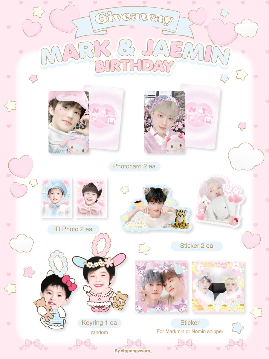 ppangwsara_'s tweet photo. Pls kindly rt ! ☆⋆˚⊹ 

ʚ give away | 𝗺𝗮𝗿𝗸 𝗮𝗻𝗱 𝗷𝗮𝗲𝗺𝗶𝗻 ɞ

Only 30 sets
shipping ♡ 45 baht 

link f🧁r͜͡🄼 : 03/08 time 19:07 🎀
 🎧 𝗠𝗼𝗿𝗲 𝗱𝗲𝘁𝗮𝗶𝗹𝘀 𝗶𝗻 𝗺𝗲𝗻𝘁𝗶𝗼𝗻 𝗸𝗮

#HAPPYJAEMINDAY #JAEMIN #MARK #HAPPYMARKLEEDAY #HAPPYMARKDAY https://t.co/UQ1ULZ0CFo