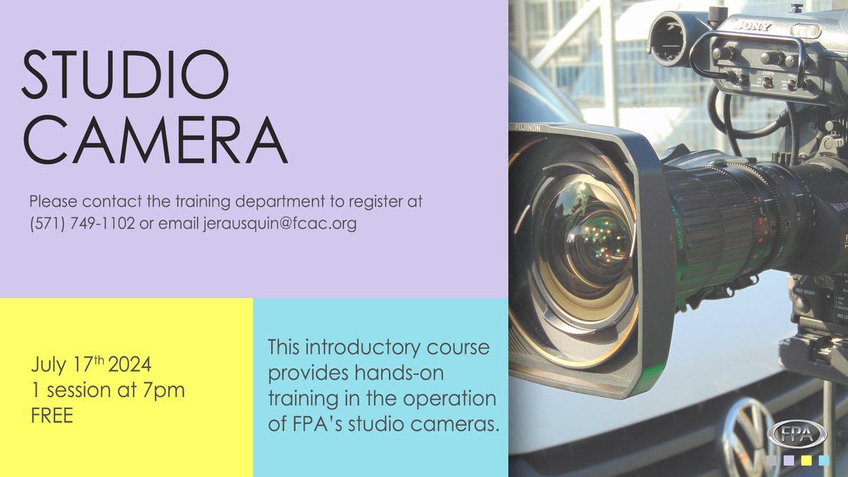 FPAtvradio's tweet image. By attending this free Studio Camera course, the participant becomes proficient enough to volunteer as a camera operator on studio shows produced at FPA and begins earning production experience.

#todayatfpa #studiocamera #publictelevision #communitymedia