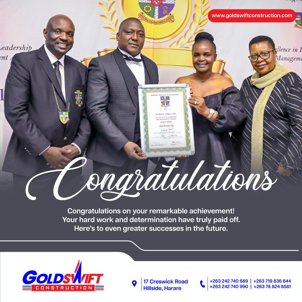 GoldSwiftco's tweet photo. We were named one of the top business brands at the recent Zimbabwe Institute of Management awards held last week. Your support keeps us going.
#buildingexperts
#BUILDWISE
#esteemedbrands
@EllardCherayi @EsteemComms @takemorem1 @alickmacheso3 @IdeasZaka https://t.co/IESCYiSX1W