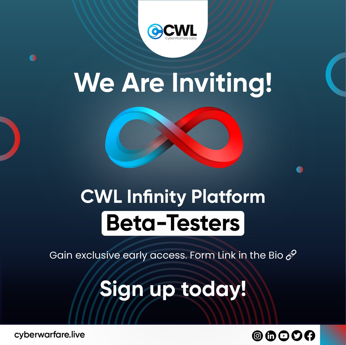 cyberwarfarelab's tweet photo. Be a part of something big! We are inviting CWL Infinity Platform Beta-Testers! Gain exclusive early access. 💥
➤ Fill the form & sign up today: https://t.co/riJUMH1A5b
#EarlyAccess #BetaTesting #InfinityLearningPlatform #CWL https://t.co/AnscIoFW1n