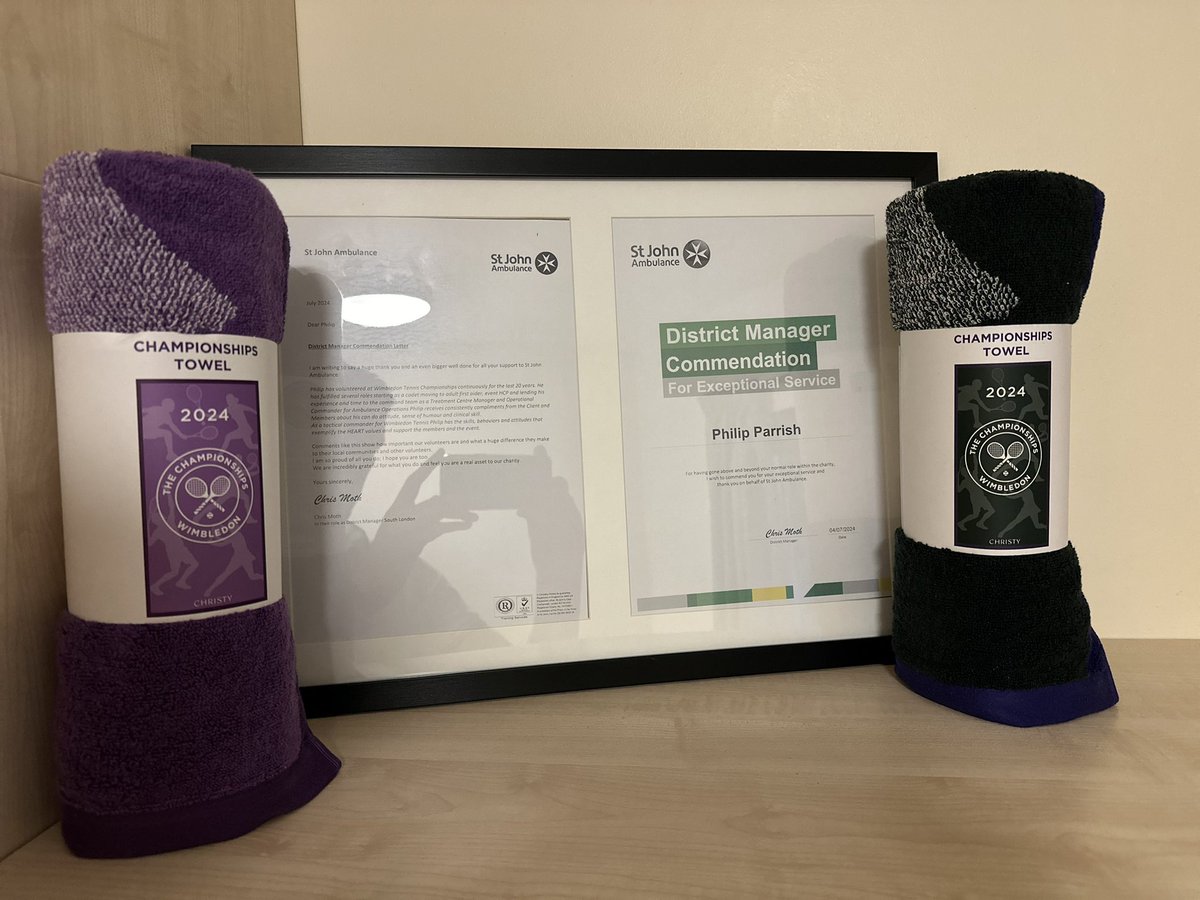 🎾20 years🎾 
This year marks me attending 20 years of <a href="/Wimbledon/">Wimbledon</a> tennis championships with <a href="/stjohnambulance/">St John Ambulance England</a>, <a href="/DeanJuddRN/">Dean Judd</a> &amp; I were surprised this morning  with a District Manager Commendation and a gift  from the club as thanks. 

#longservice #20years #volunteer #mysjaday