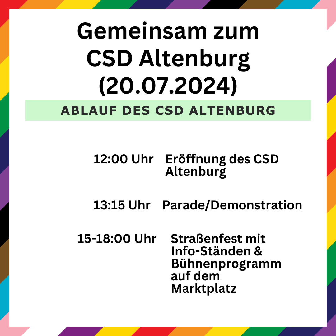 Gemeinsam zum #CSDAltenburg (Samstag, 20.07.2024) 🏳️‍🌈 Für eure gemeinsame Anreise haben wir hier ein paar passende Züge raus gesucht. Die Zeiten findet ihr in unserem Sharepic #CSDAltenburg2024 #CSDThüringen #VielfaltInThüringen