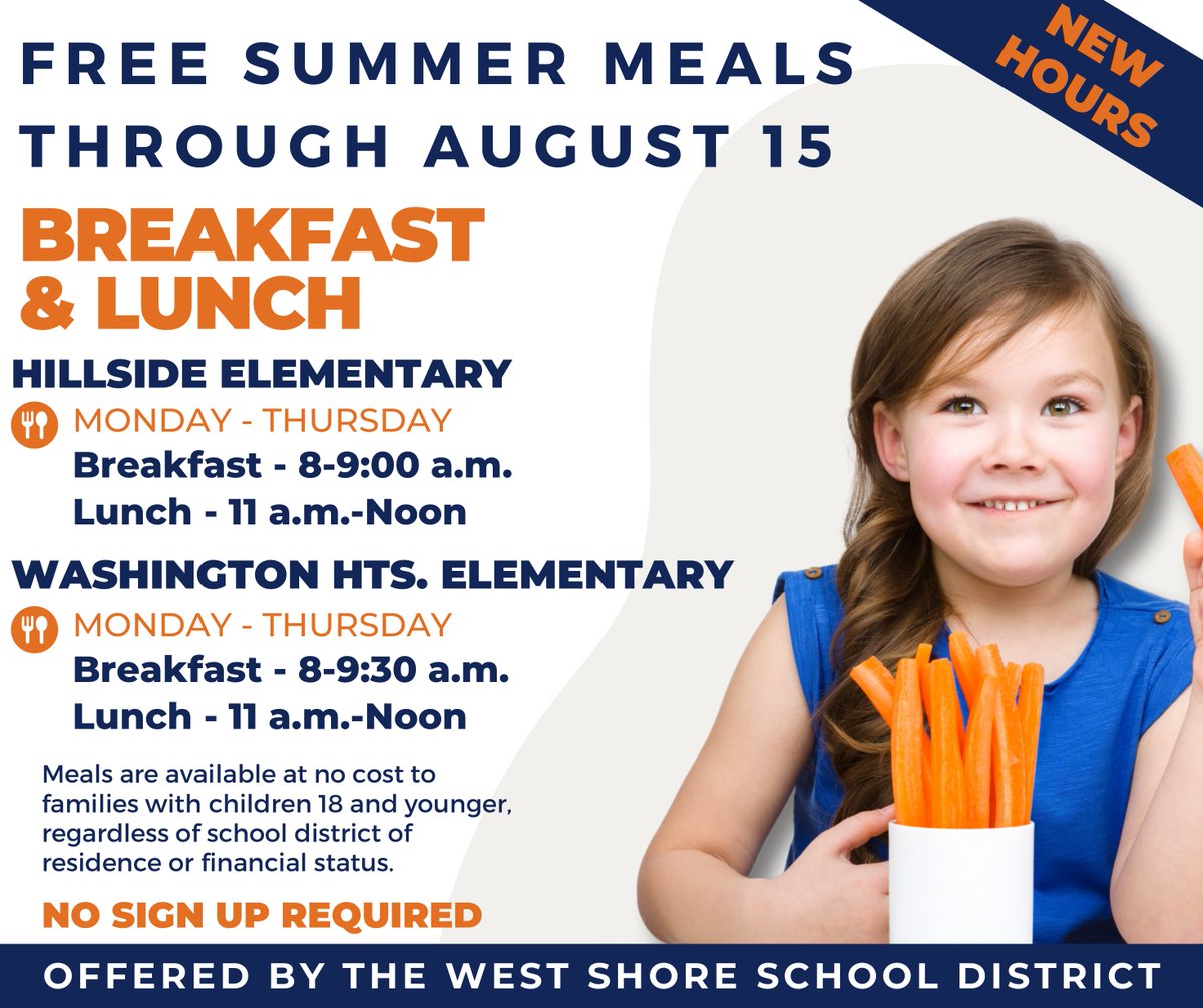 𝗡𝗘𝗪 𝗛𝗢𝗨𝗥𝗦 - 𝗙𝗥𝗘𝗘 𝗦𝗨𝗠𝗠𝗘𝗥 𝗠𝗘𝗔𝗟𝗦: Our Summer Meals Program continues this year and will run through August 15. All kids up to age 18 are welcome regardless of their family’s economic status or school district of residence. Please join us.