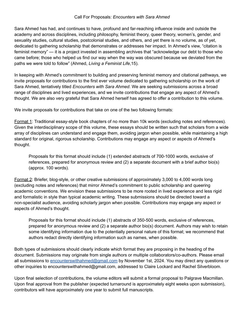 CFP: Encounters with Sara Ahmed | Editors: Claire Lockard and Rachel Silverbloom | Abstract Submission Deadline: November 1st, 2024 | For more information, visit here: philevents.org/event/show/124…
