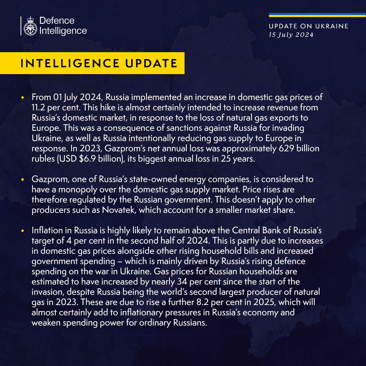 From 01 July 2024, Russia implemented an increase in domestic gas prices of 11.2 per cent. This hike is almost certainly intended to increase revenue from Russia’s domestic market, in response to the loss of natural gas exports to Europe. This was a consequence of sanctions against Russia for invading Ukraine, as well as Russia intentionally reducing gas supply to Europe in response. In 2023, Gazprom’s net annual loss was approximately 629 billion rubles (USD $6.9 billion), its biggest annual loss in 25 years. Gazprom, one of Russia’s state-owned energy companies, is considered to have a monopoly over the domestic gas supply market. Price rises are therefore regulated by the Russian government. This doesn’t apply to other producers such as Novatek, which account for a smaller market share.