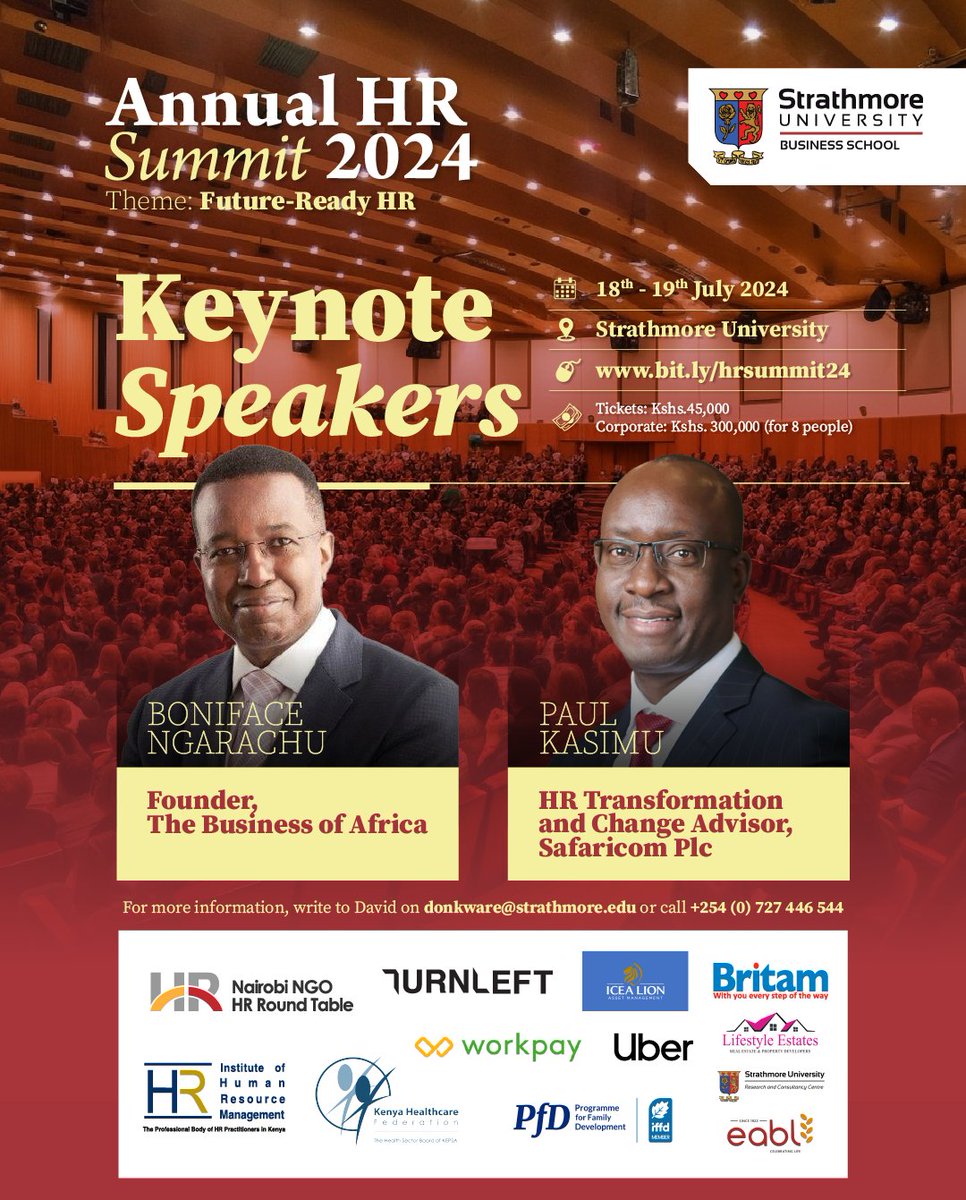 #MeettheKeynoteSpeakers

Only a few slots left!

Register today! sbs.strathmore.edu/event/annual-h…

#FutureReadyHR #AnnualHRSummit #DevelopingGreatAfricanLeaders

<a href="/StrathU/">Strathmore University</a> <a href="/Ihrm_Kenya/">IHRM KENYA</a>