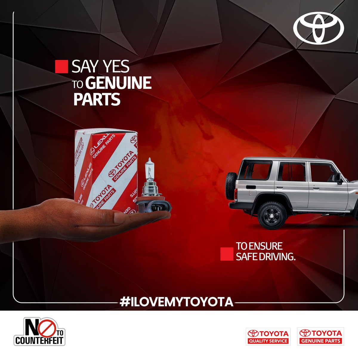Toyota_UG's tweet photo. Choose quality for your Toyota.
Opt for genuine parts, synonymous with reliability and safety. Say no to counterfeit parts for peace of mind.
#Toyota #NoToCounterfeits https://t.co/Zwfim2jINK