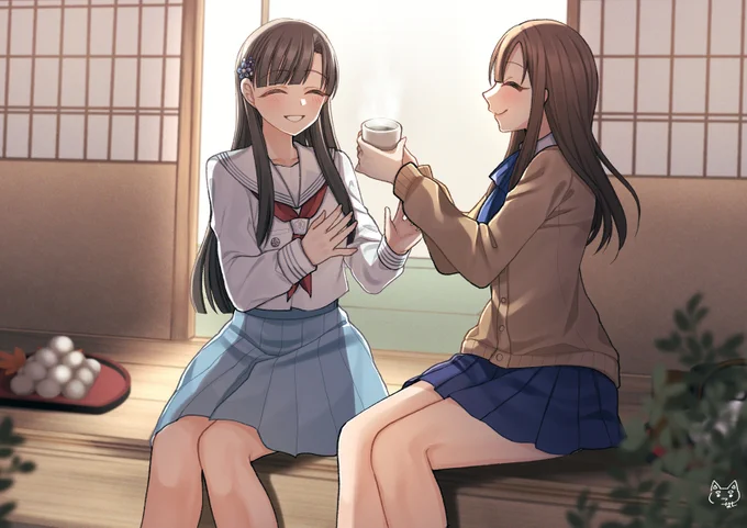 skeb納品いたしました〜!ゆかりちゃんと紗枝ちゃんのお月見風景!こ、この二人の関係性って何……?あまりに良すぎるカードイラストいっぱい出てきてそわそわと調べる手が止まらないんだけど…二人でほっこりお月見してくれ〜!!素敵なリクエストありがとうございました!#skeb 