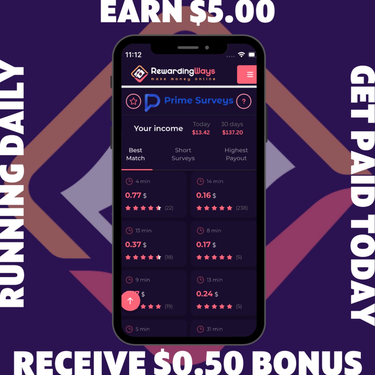 📱Earn $5.00 in a day by completing Paid Surveys.

💲Receive a $0.50 free bonus.

🔁Repeat Daily - Do this every day to stack up your earnings!