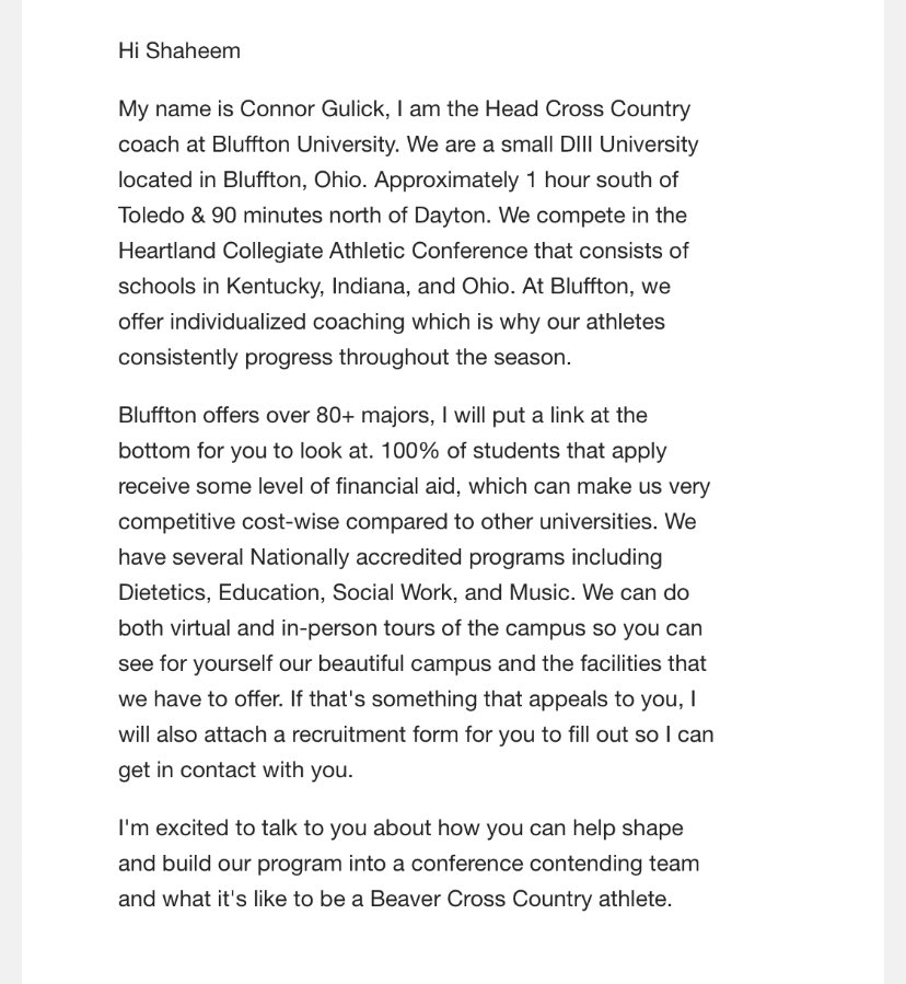 ShaheemPope10's tweet photo. Blessed to receive an email from Coach Connor Gulick, Head Cross Country Coach at Bluffton University, a small DIII university in Ohio. Excited to learn more about their program and the Heartland Collegiate Athletic Conference! 🏃‍♂️🏅 #CrossCountry #Grateful https://t.co/ZjGRqTtU9f