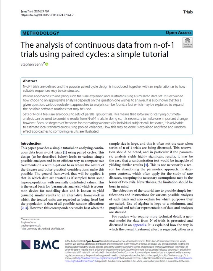 The 1st paper in the special series on

Design and analysis of n-of-1 trials (biomedcentral.com/collections/DA…)

entitled

The analysis of continuous data from n-of-1 trials using paired cycles: a simple tutorial

Was led by <a href="/stephensenn/">Stephen John Senn</a> 

doi.org/10.1186/s13063…
