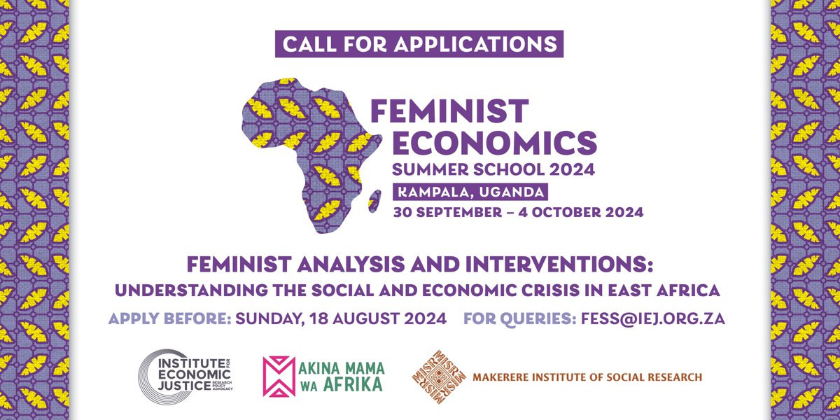 Are you an African researcher, scholar, or activist applying a feminist analysis &amp; interventions to our shared economic &amp; social crises? If yes, apply to attend 2024's Feminist Economics Summer School!
🗓️ 30 Sept. to 4 Oct.📍Kampala, Uganda. Apply here - t.ly/YL_Sy