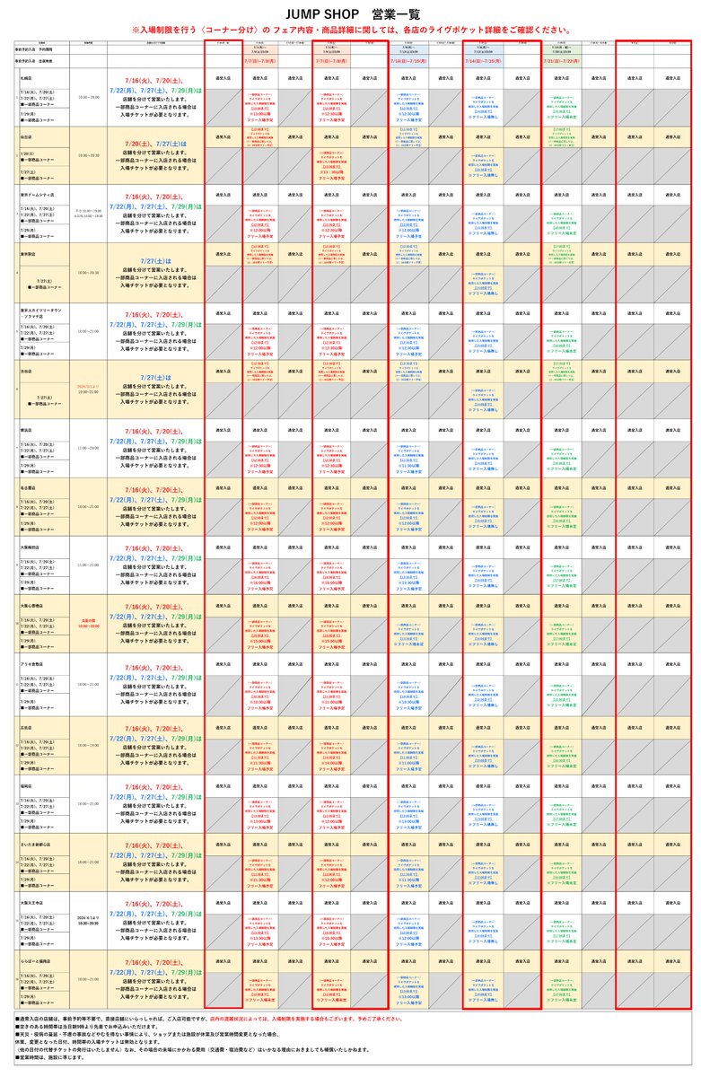入場制限のお知らせ (※7/15現在） 混雑回避・列形成の最小化のため