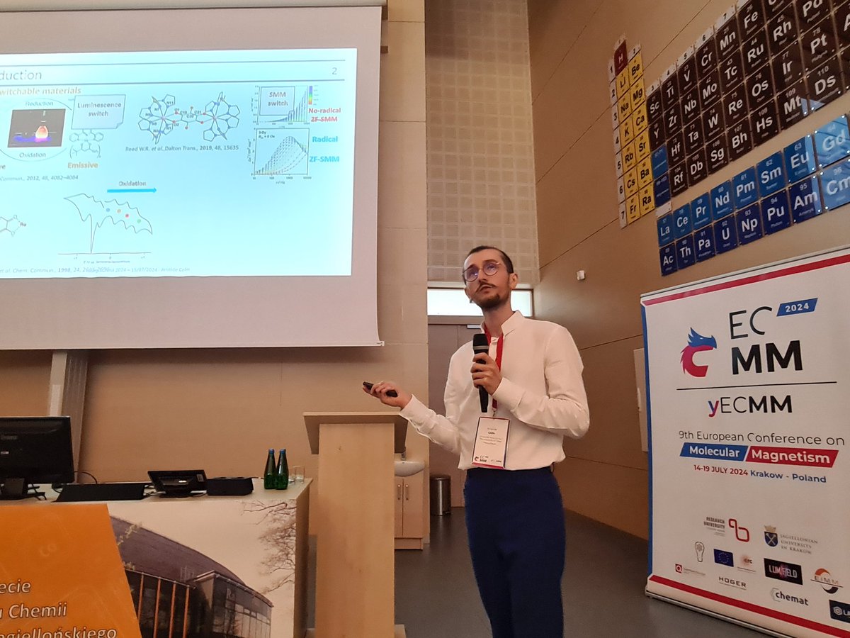 Aristide Colin is on the floor of the yECMM #ECMM2024 and presents redox-switchable trinuclear Ni(II) complexes bridged by the redox-active tris(dioxolene)triphenylene <a href="/ecmm2024/">ECMM2024</a>